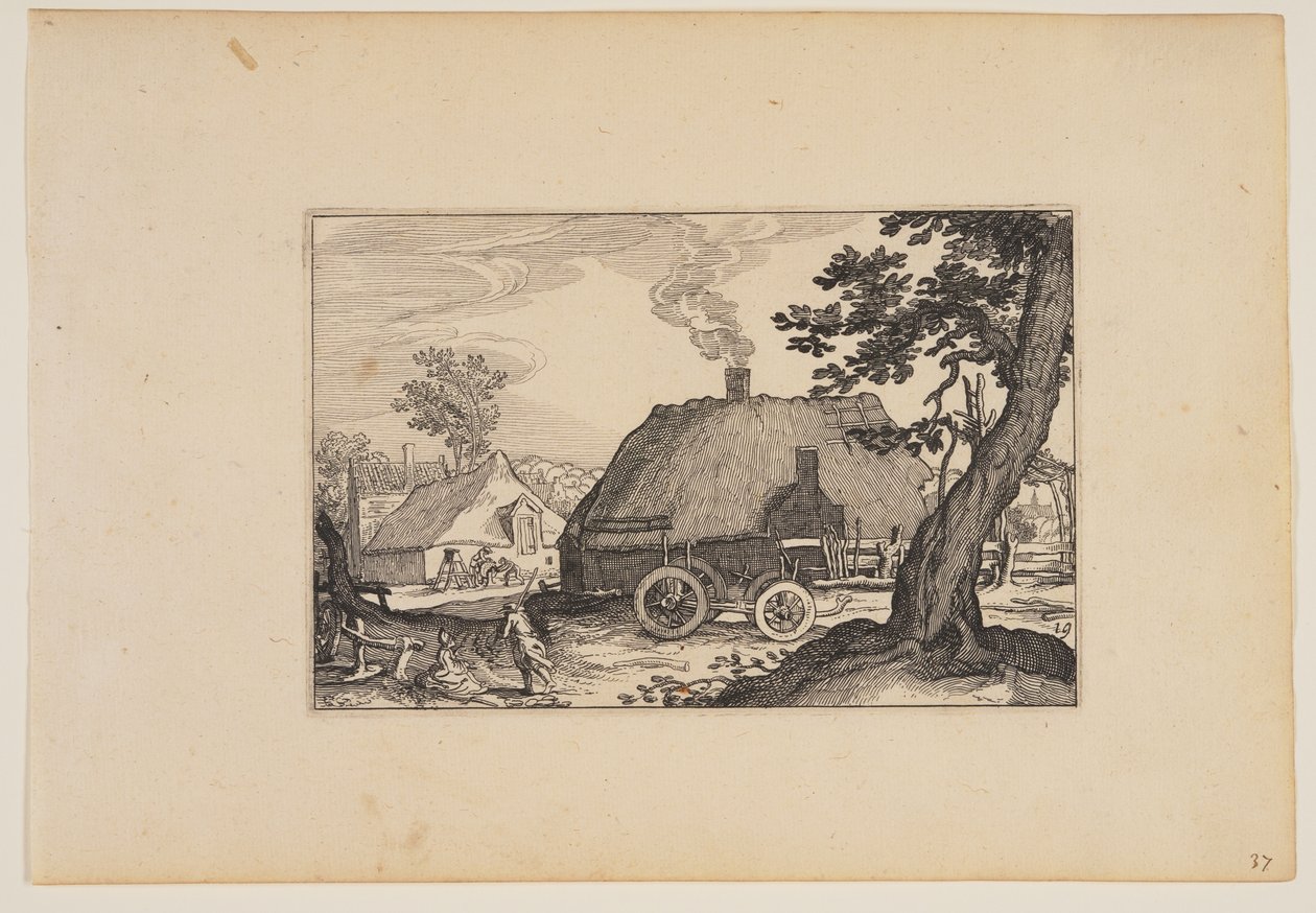 Gårde, understel af en vogn i midten, fra Landskaber (Verscheyden aerdige Lanthuysen...) af Claes Jansz. Visscher