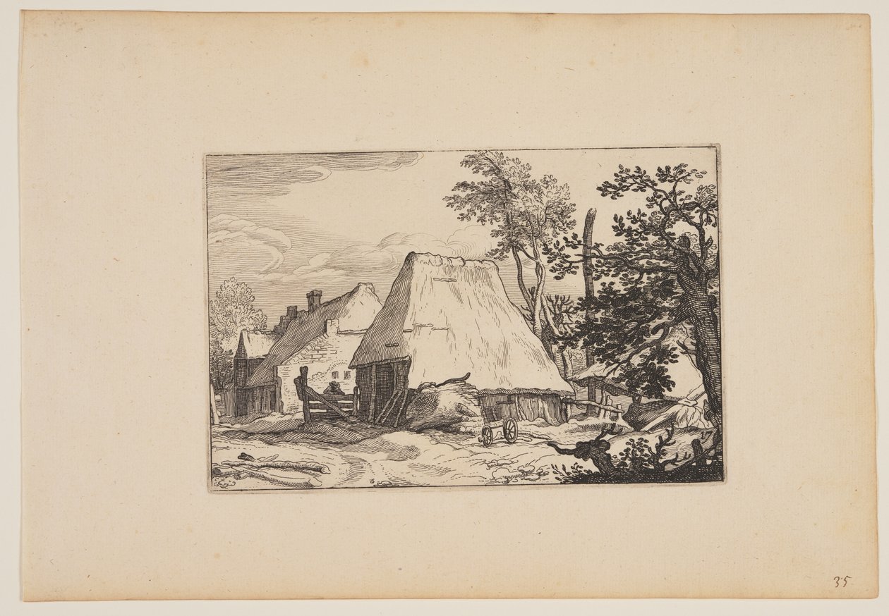 Bondegård, mand hviler på et hegn til venstre for midten, fra Landskaber (Verscheyden aerdige Lanthuysen...) af Claes Jansz. Visscher