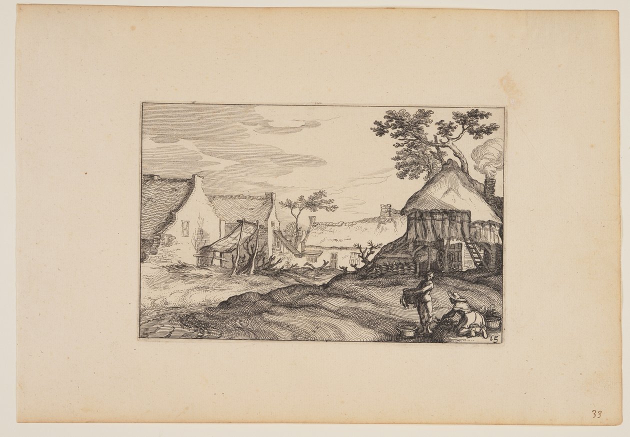 Gårdsplads Ung mand og kvinde i forgrunden, fra Landskaber (Verscheyden aerdige Lanthuysen...) af Claes Jansz. Visscher