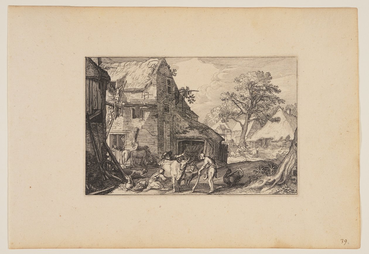 Bondegård, med den fortabte søn blandt svinene, fra Landskaber (Verscheyden aerdige Lanthuysen...) af Claes Jansz. Visscher