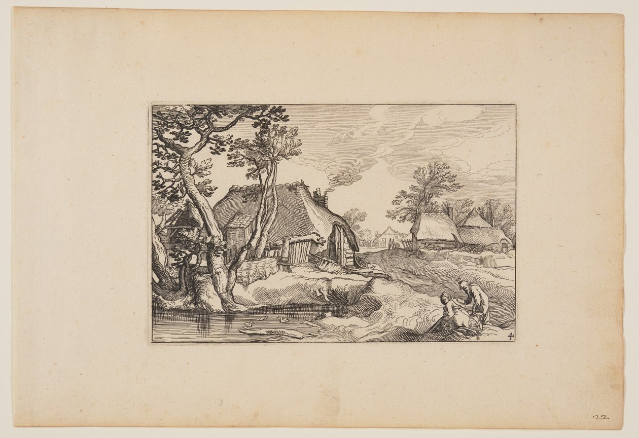 Gammel mand og kvinde hviler sig ved en dam, fra Landskaber (Verscheyden aerdige Lanthuysen...) af Claes Jansz. Visscher