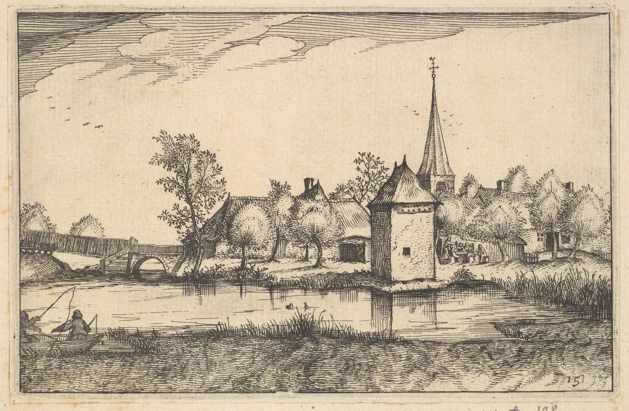 Dam og en landsby, tallerken 15 fra 1610 af Claes Jansz Visscher