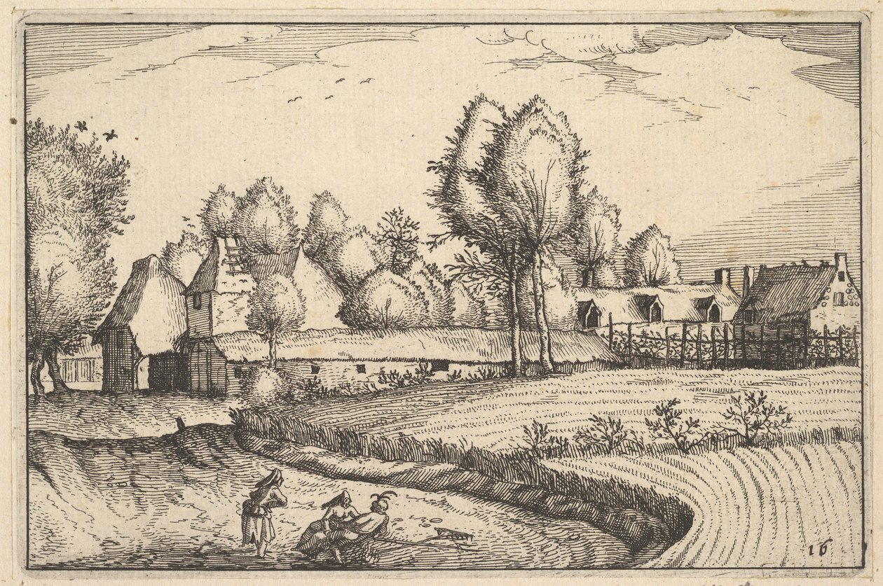 Vej langs en mark, plade 16 fra Regiunculae et Villae aliquot Ducatus Brabantiae, ca. 1610 af Claes Jansz Visscher