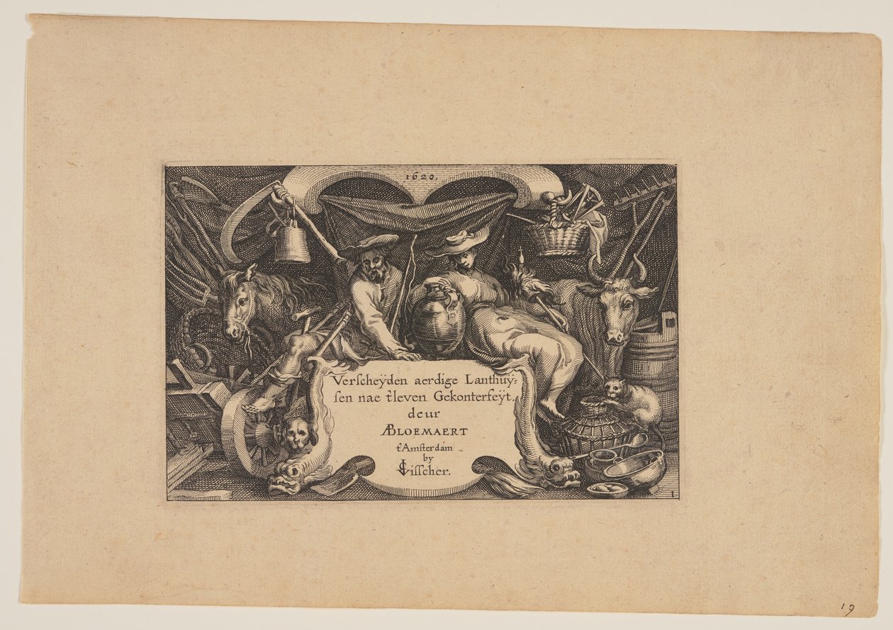 Titelblad, fra Landskaber (Verscheyden aerdige Lanthuysen...) af Claes Jansz. Visscher