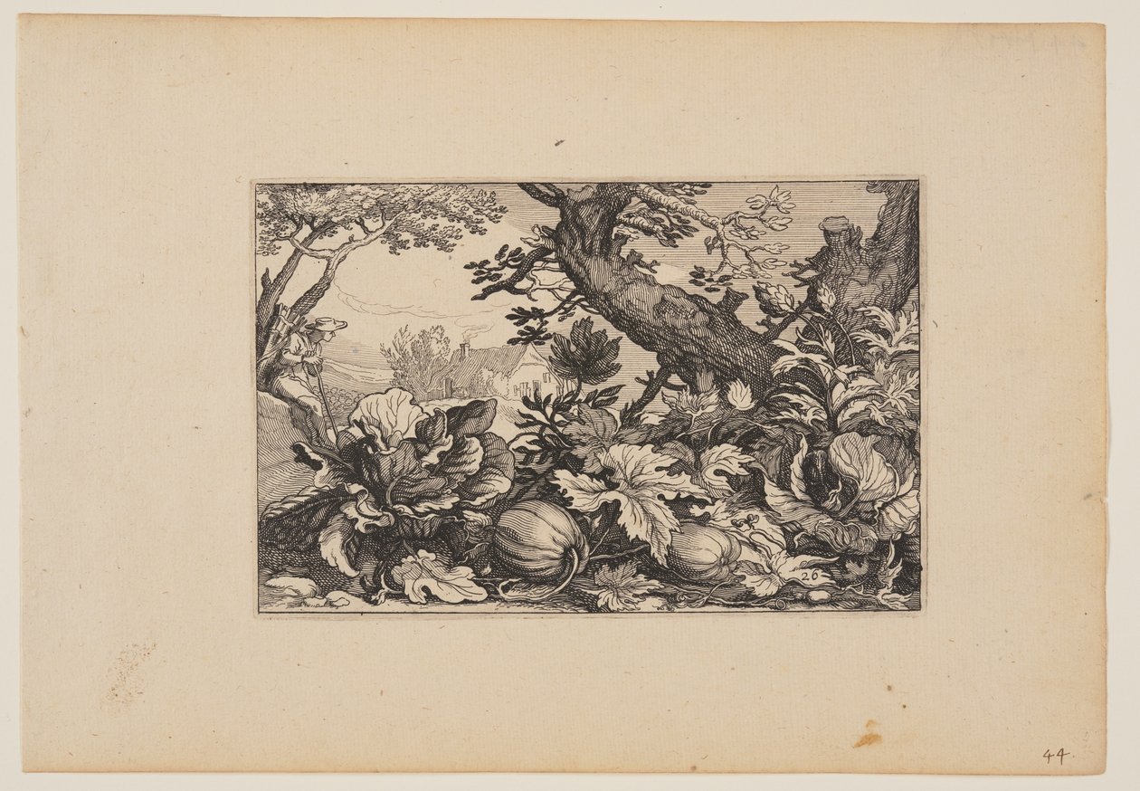 Træ og meloner, fra landskaber (Verscheyden aerdige Lanthuysen...) af Claes Jansz. Visscher