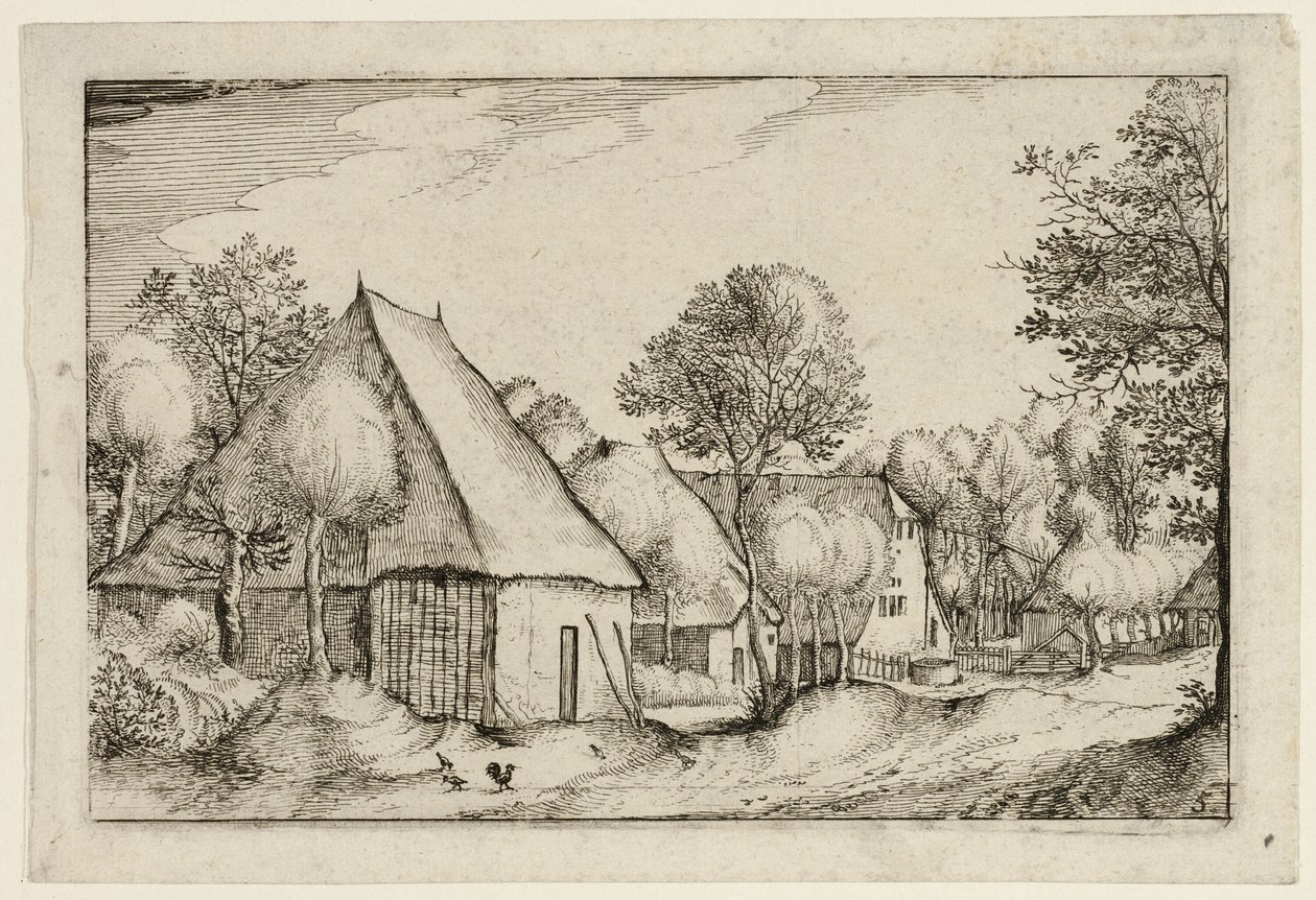 En bondegård, planche fem efter Billeder af gårde, landhuse og rustikke landsbyer (Praediorum villarum et rusticarum casularum icones) af Claes Jansz. Visscher II
