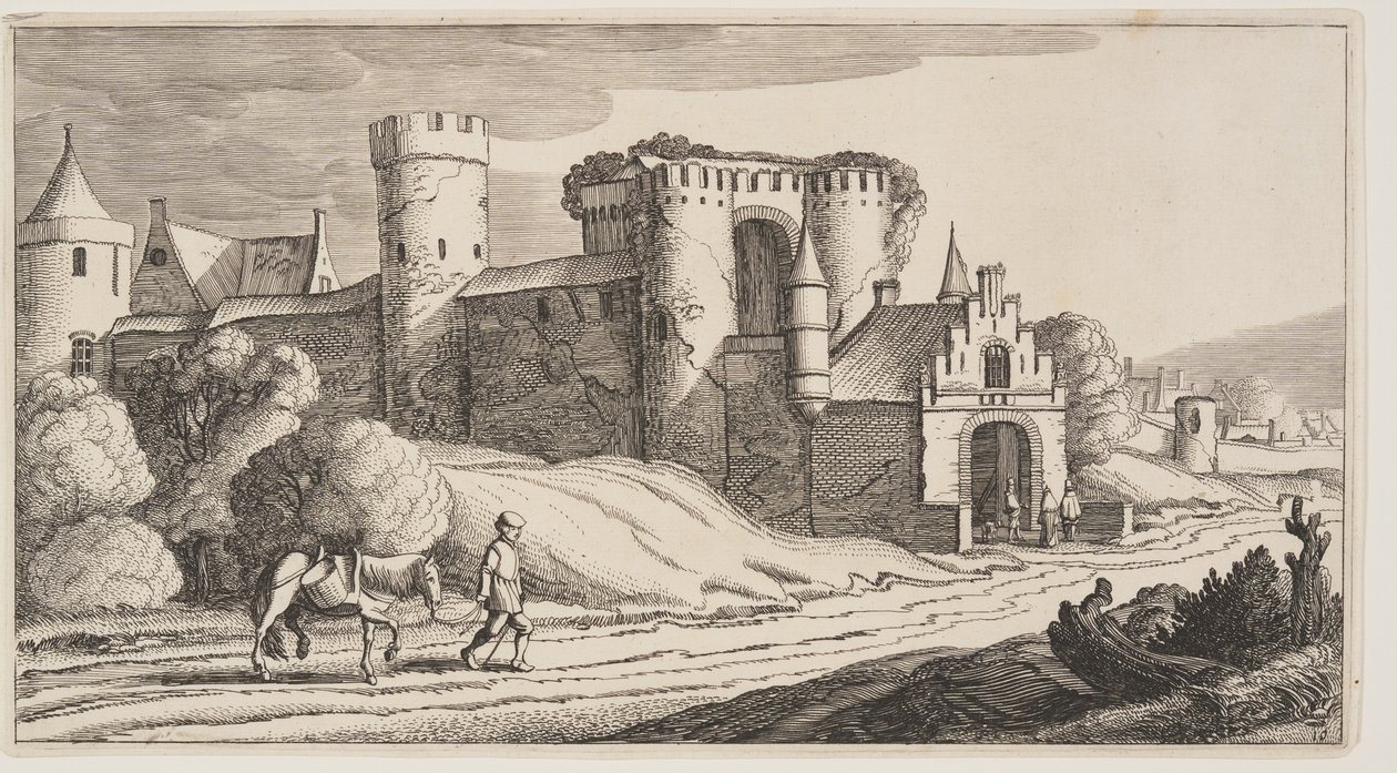En bonde med en hest på en vej nær bymuren, fra Landskaber (Playsante Lantschappen) af Claes Jansz. Visscher II
