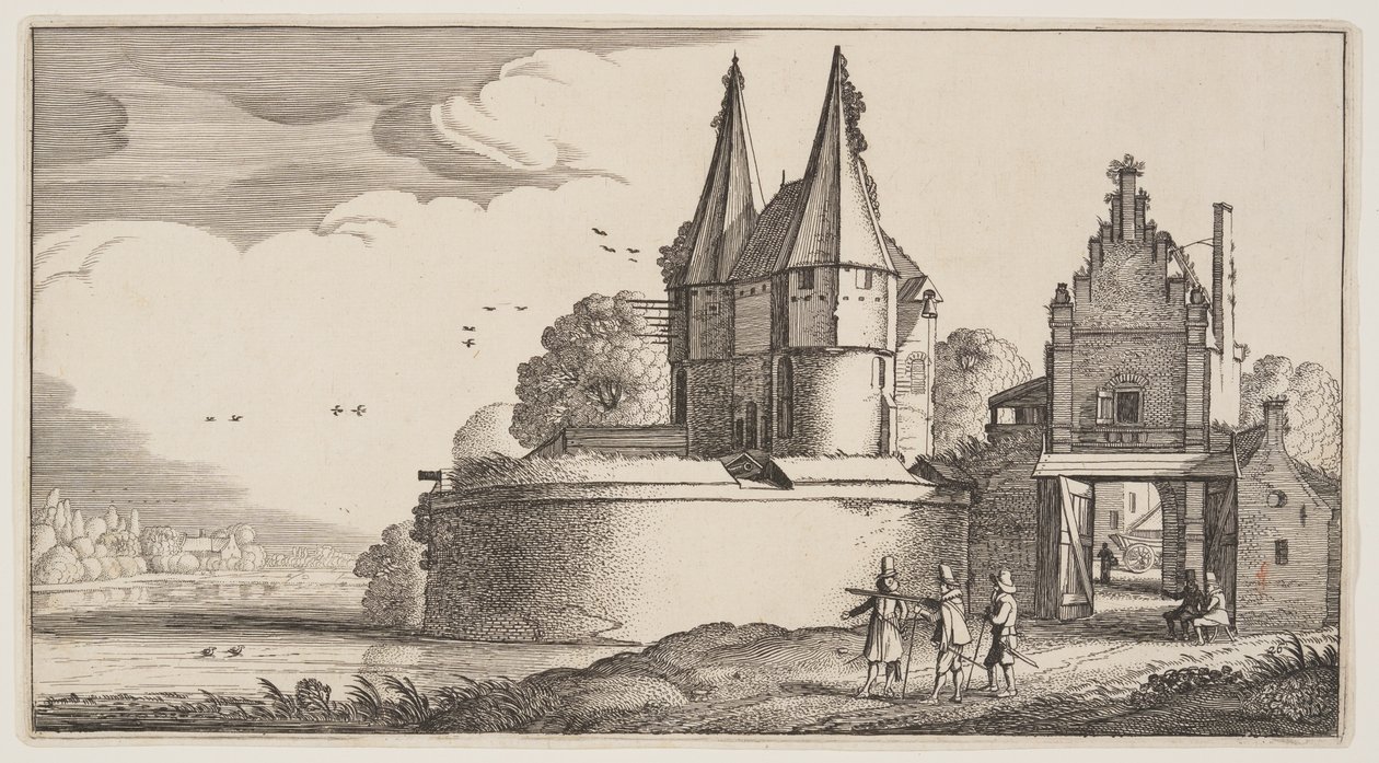 Bastion og byport ved en flod, fra Landskaber (Playsante Lantschappen) af Claes Jansz. Visscher II