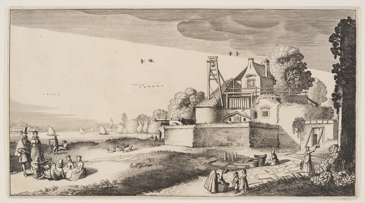 Blegningsfelt foran et fort ved en flod, fra Landskaber (Playsante Lantschappen) af Claes Jansz. Visscher II
