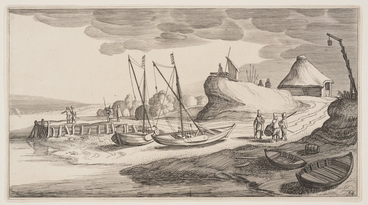 Både på land nær et vagttårn, fra Landskaber (Playsante Lantschappen) af Claes Jansz. Visscher II