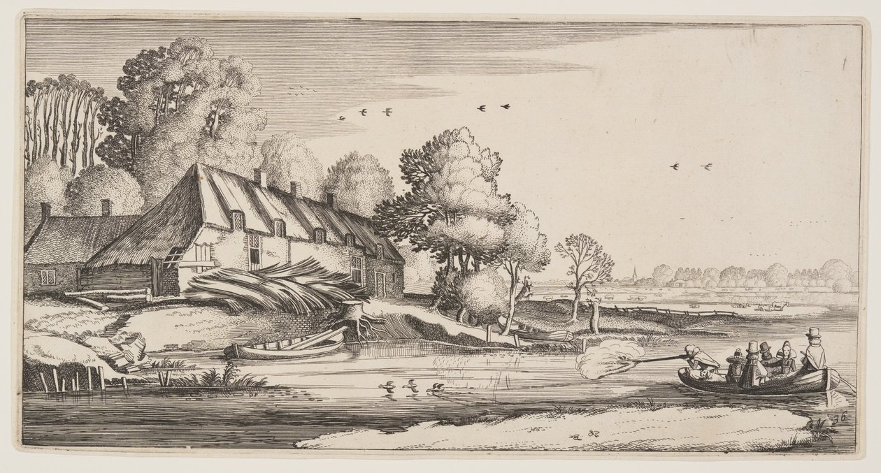 Andeskydning fra en robåd i nærheden af en gård, fra Landskaber (Playsante Lantschappen) af Claes Jansz. Visscher II