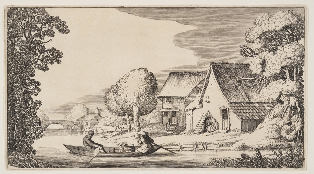 Bonde og bondekone i en robåd, fra Landskaber (Playsante Lantschappen) af Claes Jansz. Visscher II