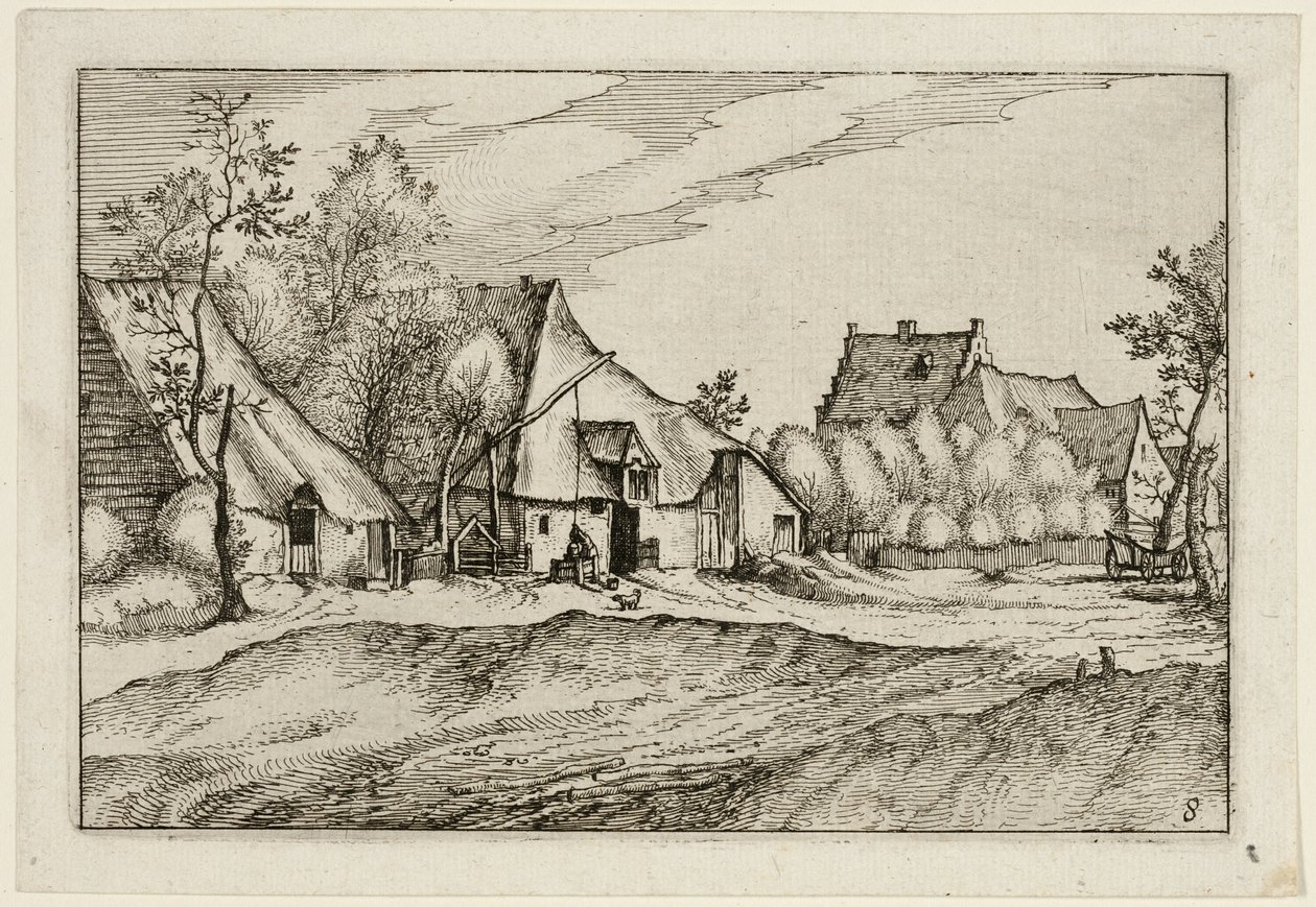 Gårde i en landsby, planche otte efter billeder af gårde, landhuse og rustikke landsbyer (Praediorum villarum et rusticarum casularum icones) af Claes Jansz. Visscher II