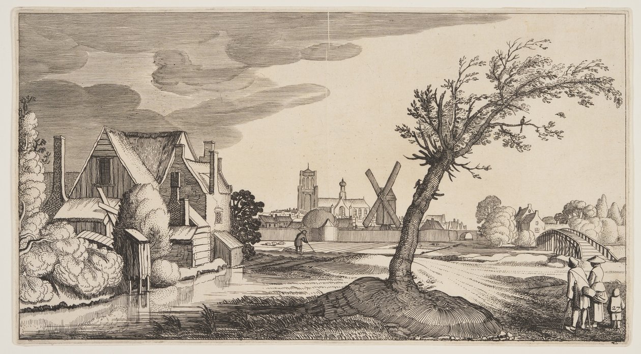 Hus ved en dam uden for en by, fra Landskaber (Playsante Lantschappen) af Claes Jansz. Visscher II