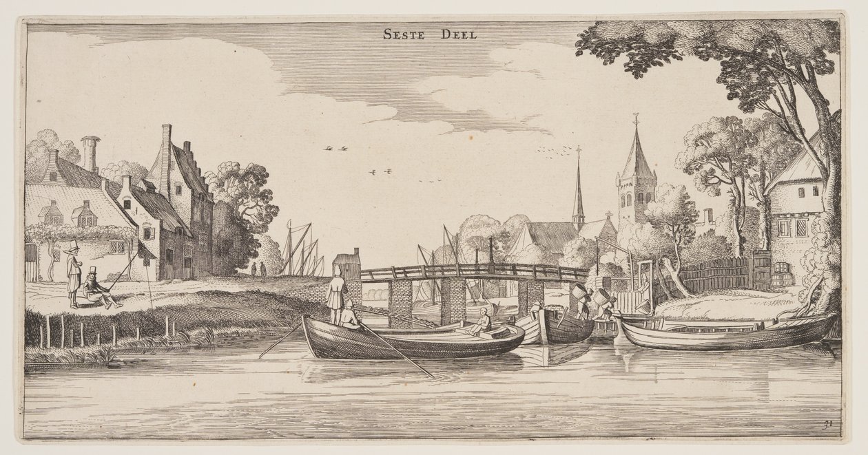 Landingsplads i en landsby, fra Landskaber (Playsante Lantschappen) af Claes Jansz. Visscher II