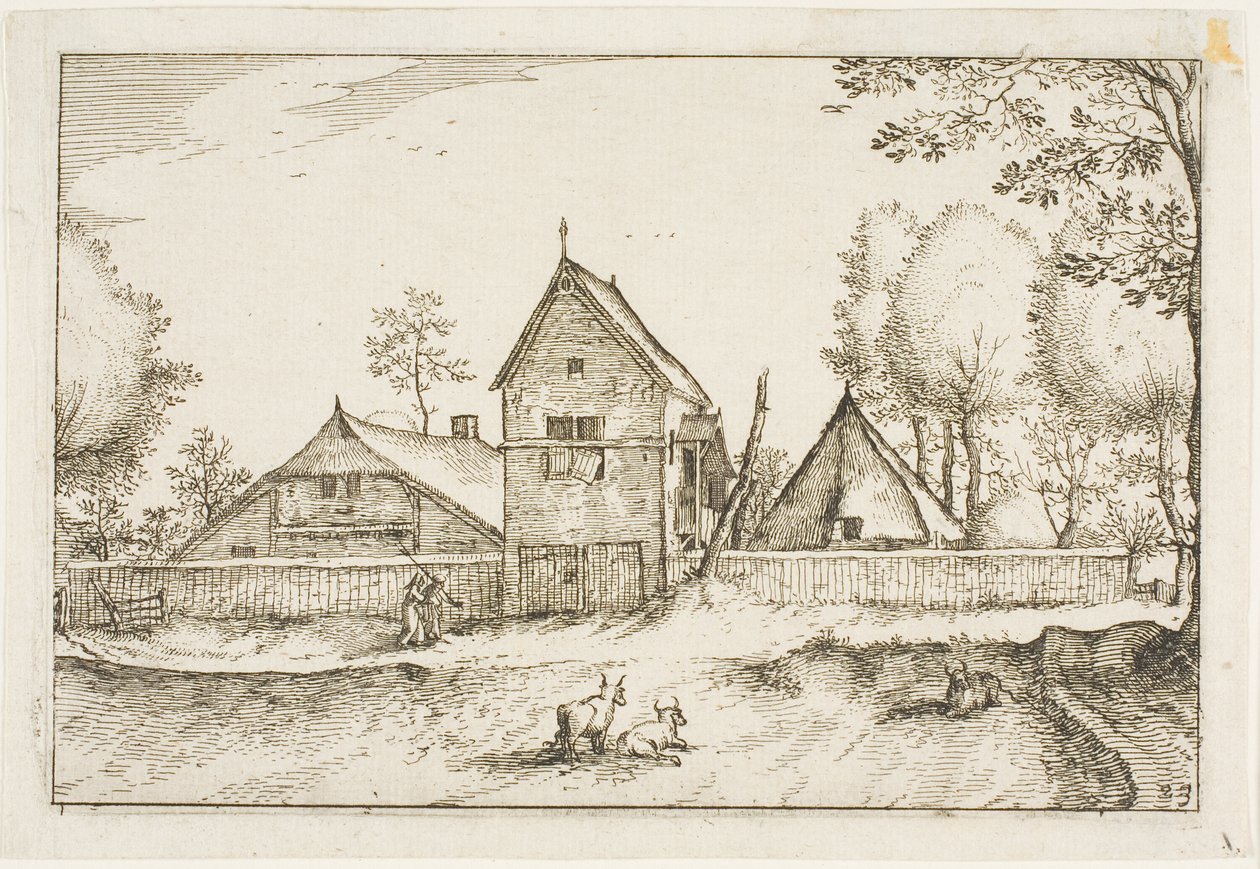 Stor muret gård, plade 23 efter Billeder af gårde, landhuse og rustikke landsbyer (Praediorum villarum et rusticarum casularum icones) af Claes Jansz. Visscher II