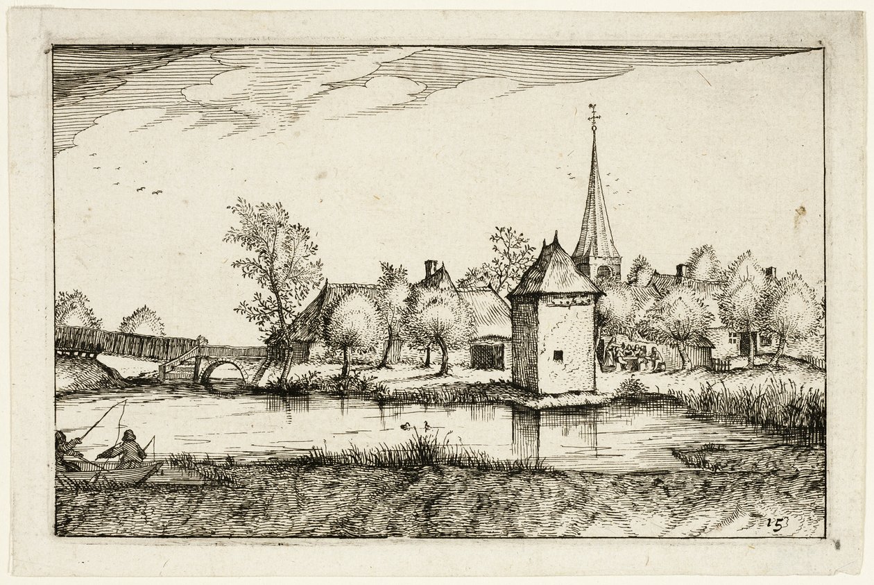 Pond and a Village, plade femten efter billeder af gårde, landhuse og rustikke landsbyer (Praediorum villarum et rusticarum casularum icones) af Claes Jansz. Visscher II