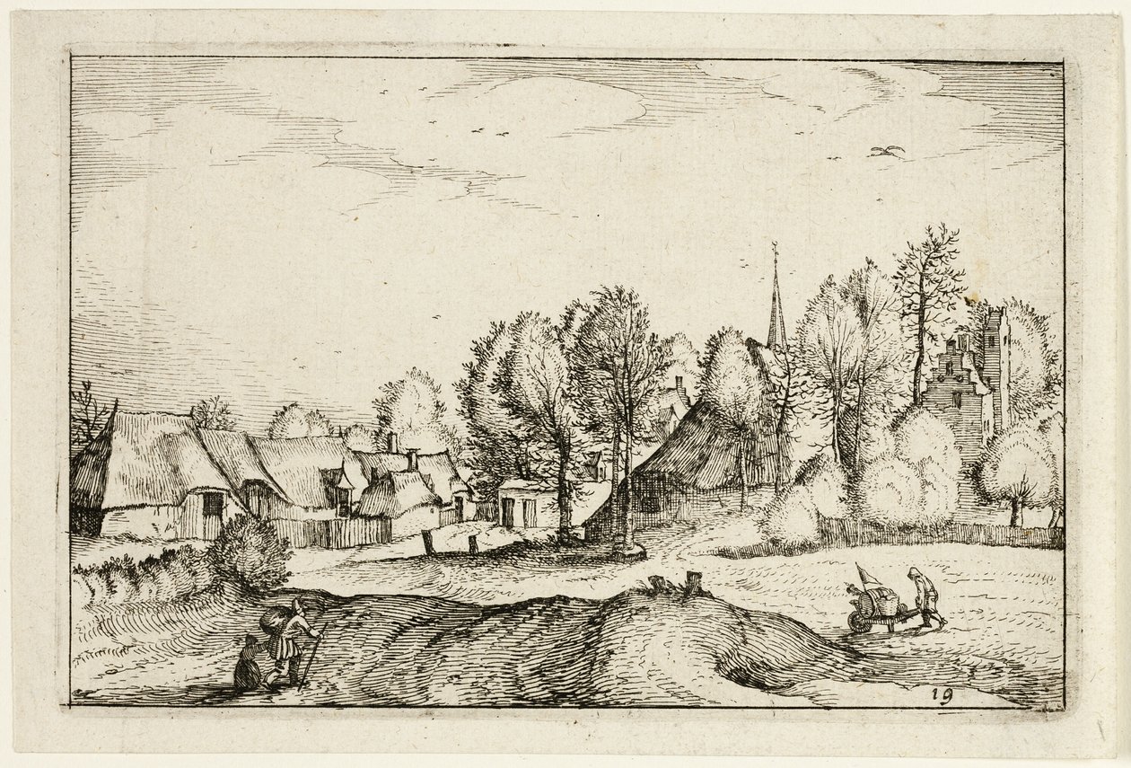 Vejen ind i en landsby, plade nitten efter billeder af gårde, landhuse og rustikke landsbyer (Praediorum villarum et rusticarum casularum icones) af Claes Jansz. Visscher II