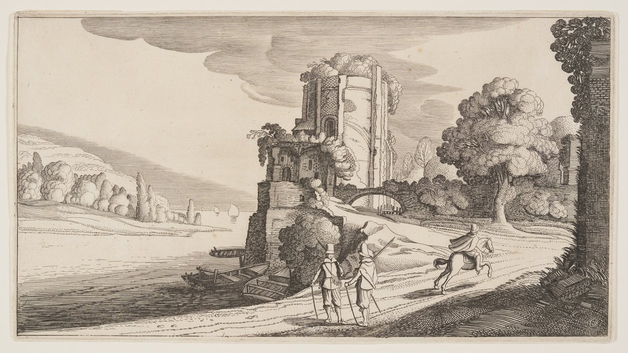 Rundetårn ved en flod, fra Landskaber (Playsante Lantschappen) af Claes Jansz. Visscher II