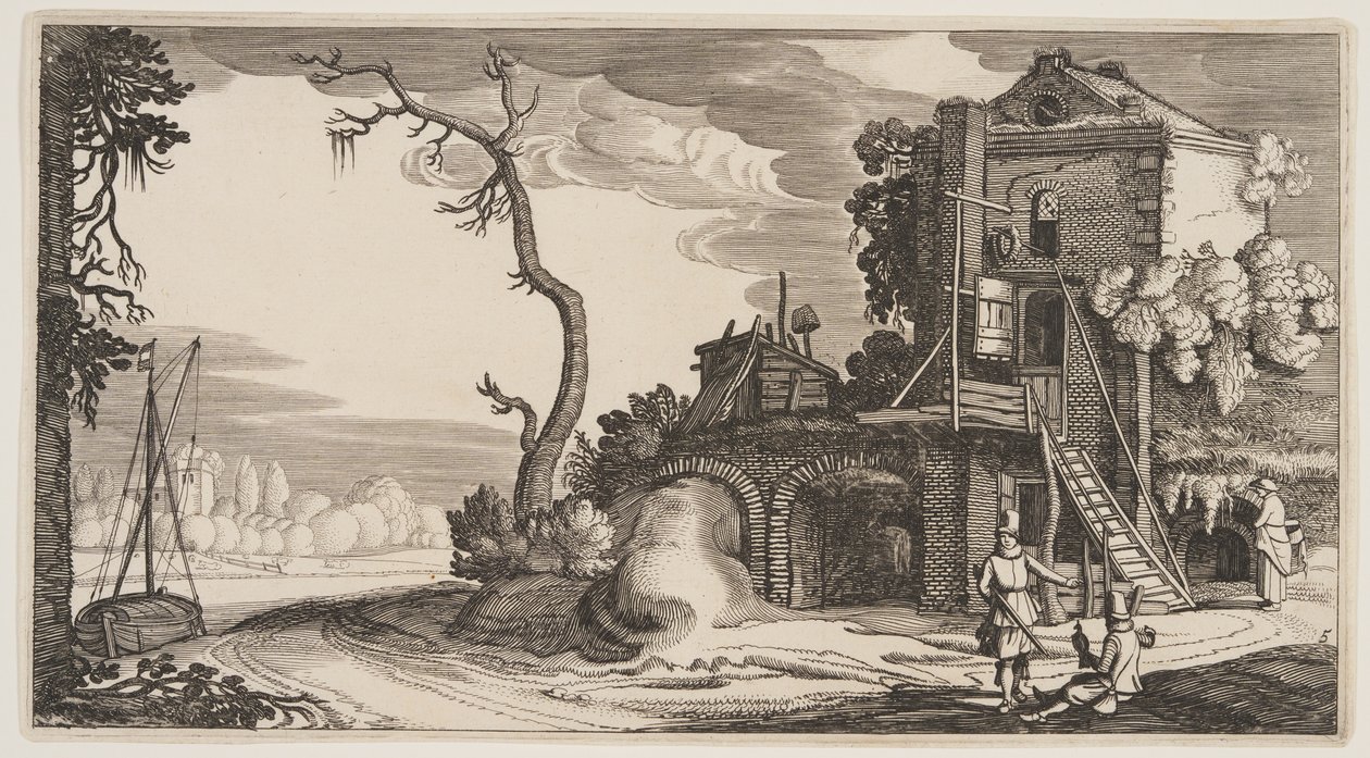 Firkantet tårn brugt som kro nær en flod, fra Landskaber (Playsante Lantschappen) af Claes Jansz. Visscher II