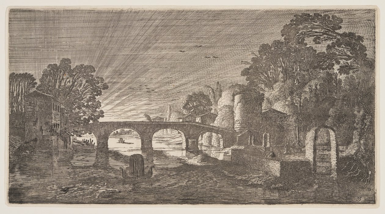 Solnedgang over en flod, fra Landskaber (Playsante Lantschappen) af Claes Jansz. Visscher II