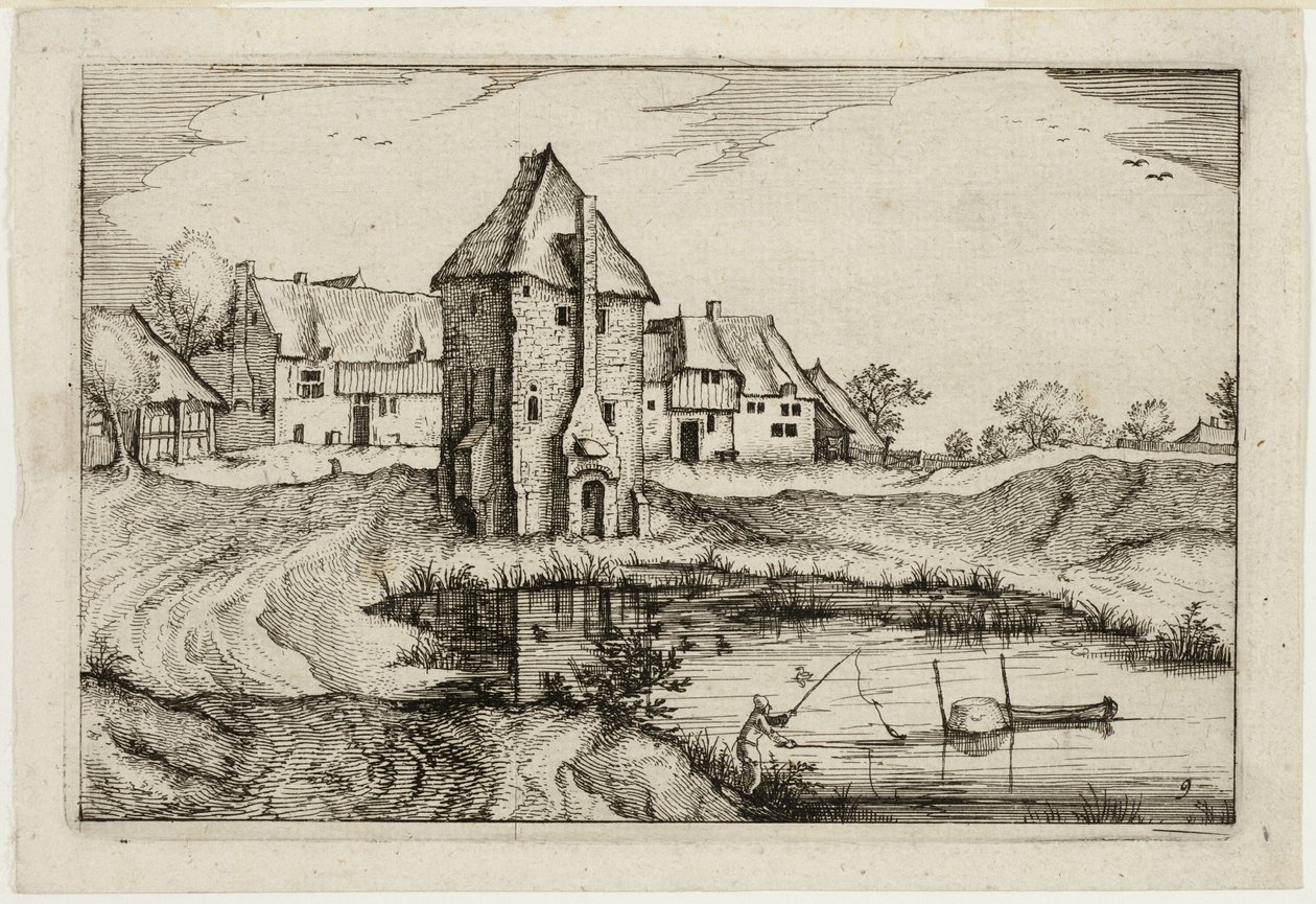 The Pond, plade ni efter Pictures of Farms, Country Houses and Rustic Villages (Praediorum villarum et rusticarum casularum icones) af Claes Jansz. Visscher II