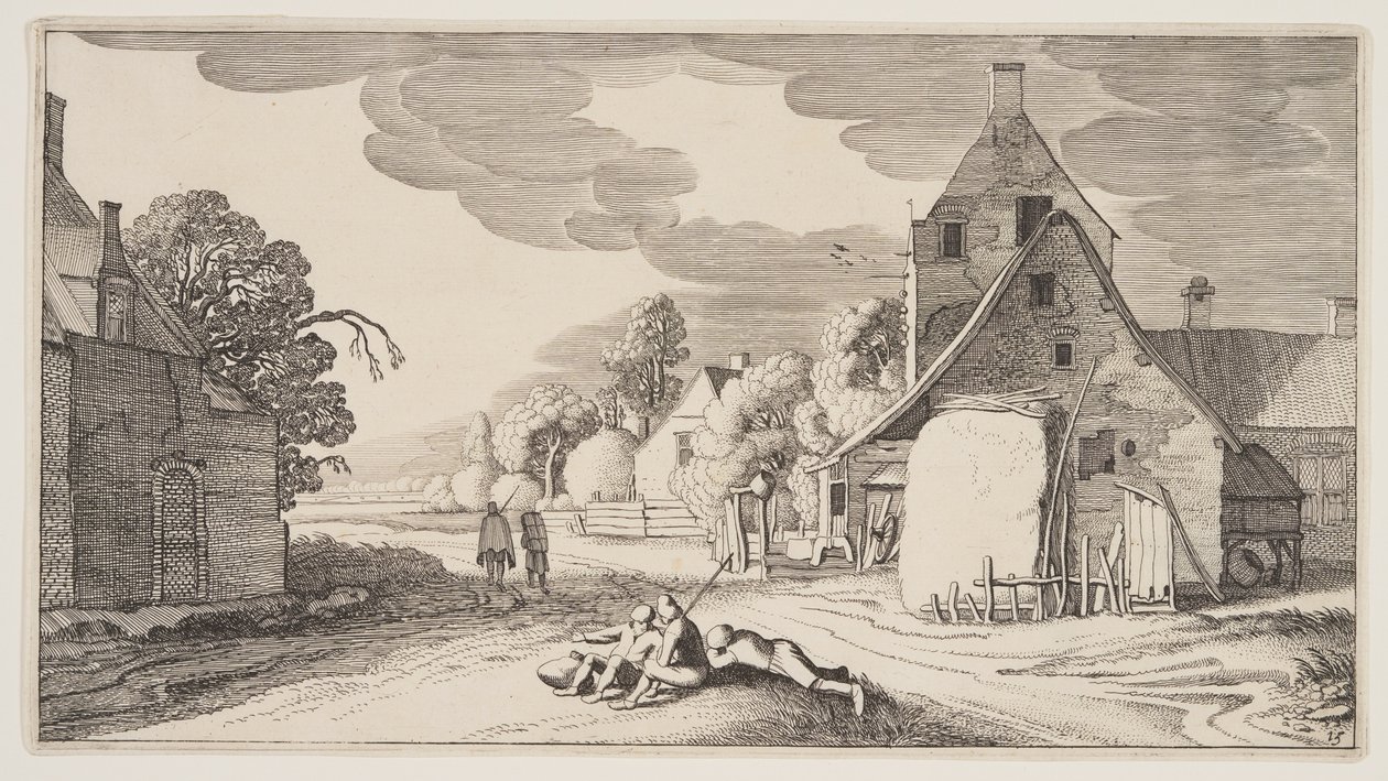 Tre bønder hviler sig ved et vejkryds i en landsby, fra Landskaber (Playsante Lantschappen) af Claes Jansz. Visscher II
