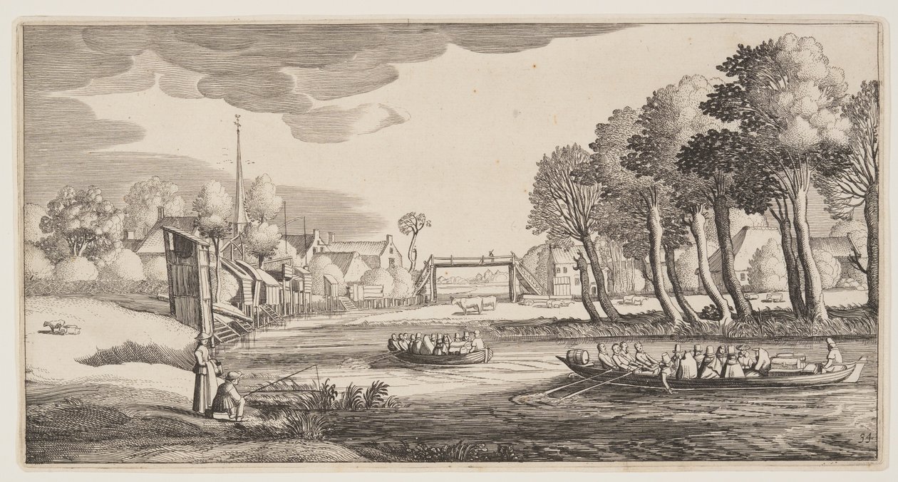 Rejsende i robåde nærmer sig en landsby, fra Landskaber (Playsante Lantschappen) af Claes Jansz. Visscher II