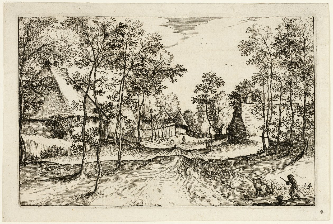 Village Road, plade fjorten efter Billeder af gårde, landhuse og rustikke landsbyer (Praediorum villarum et rusticarum casularum icones) af Claes Jansz. Visscher II