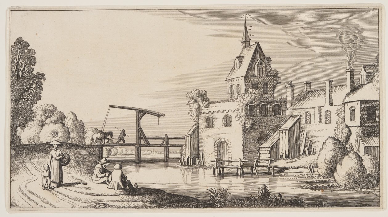 Landsby ved en flod, fra Landskaber (Playsante Lantschappen) af Claes Jansz. Visscher II