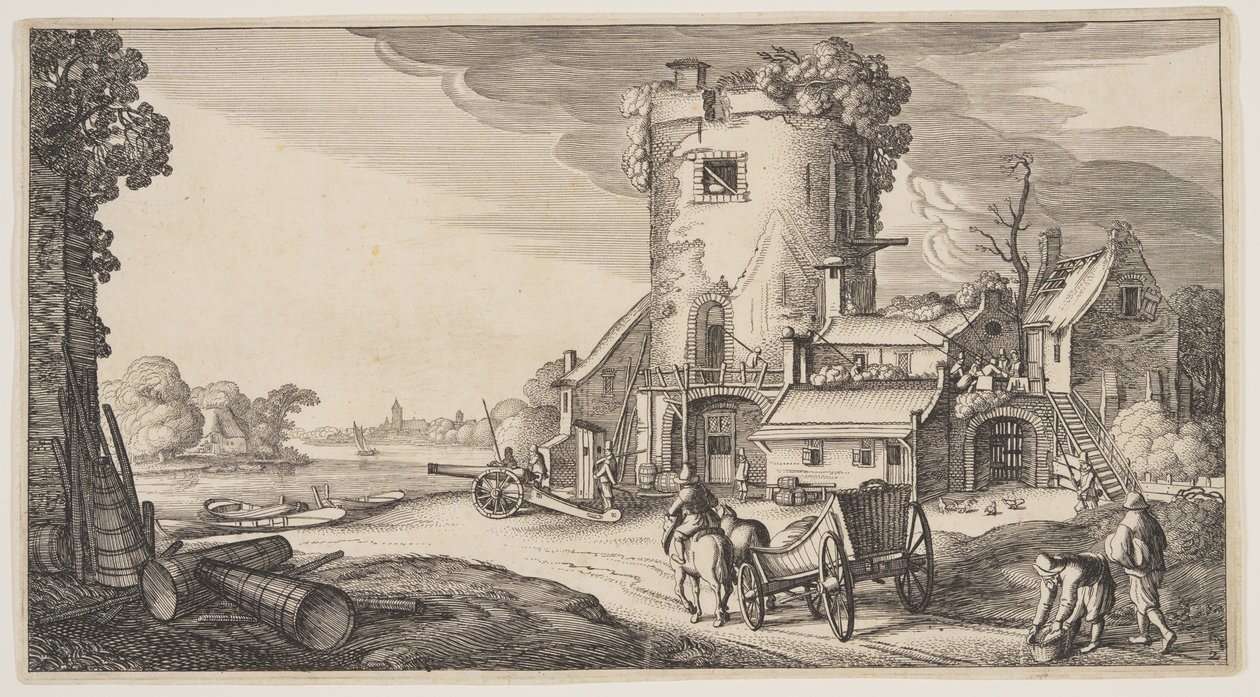 Vagttårn nær en flod, fra Landskaber (Playsante Lantschappen) af Claes Jansz. Visscher II