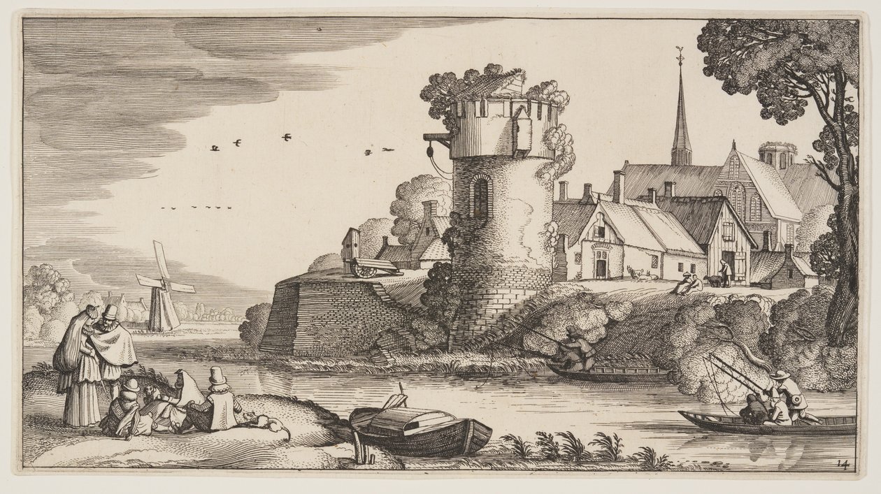 Vagttårn ved en flod, fra Landskaber (Playsante Lantschappen) af Claes Jansz. Visscher II