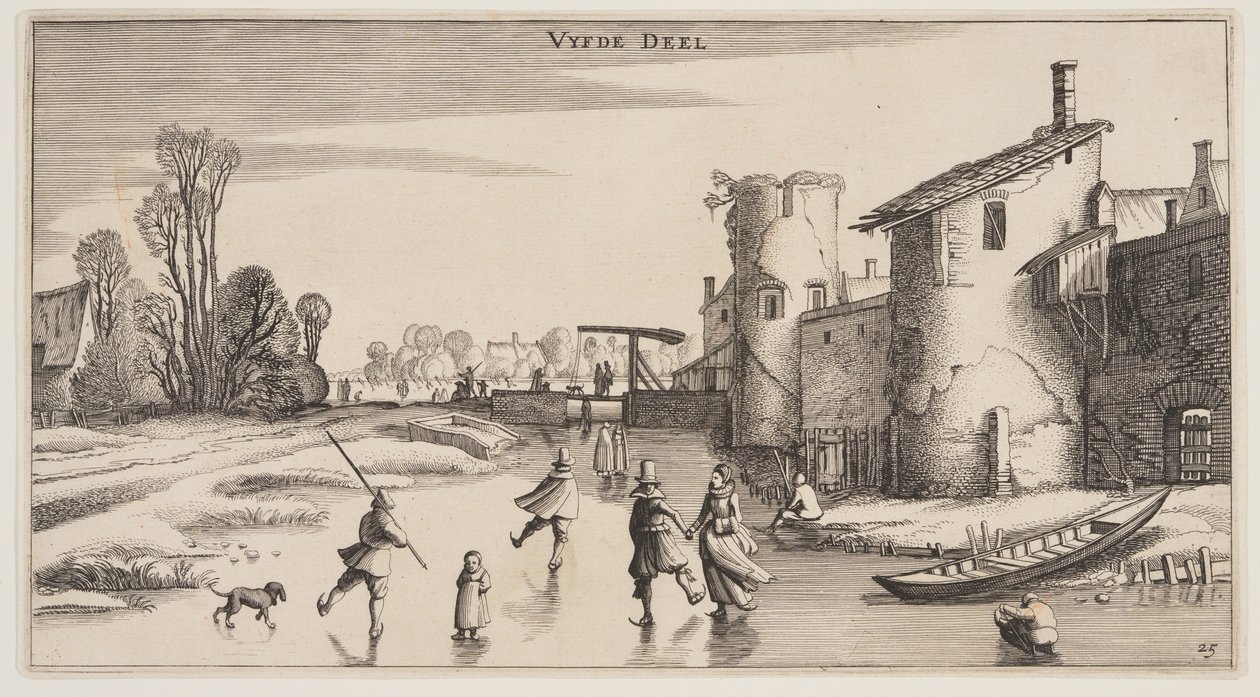 Vinterlandskab med skøjteløbere langs en bymur, fra Landskaber (Playsante Lantschappen) af Claes Jansz. Visscher II