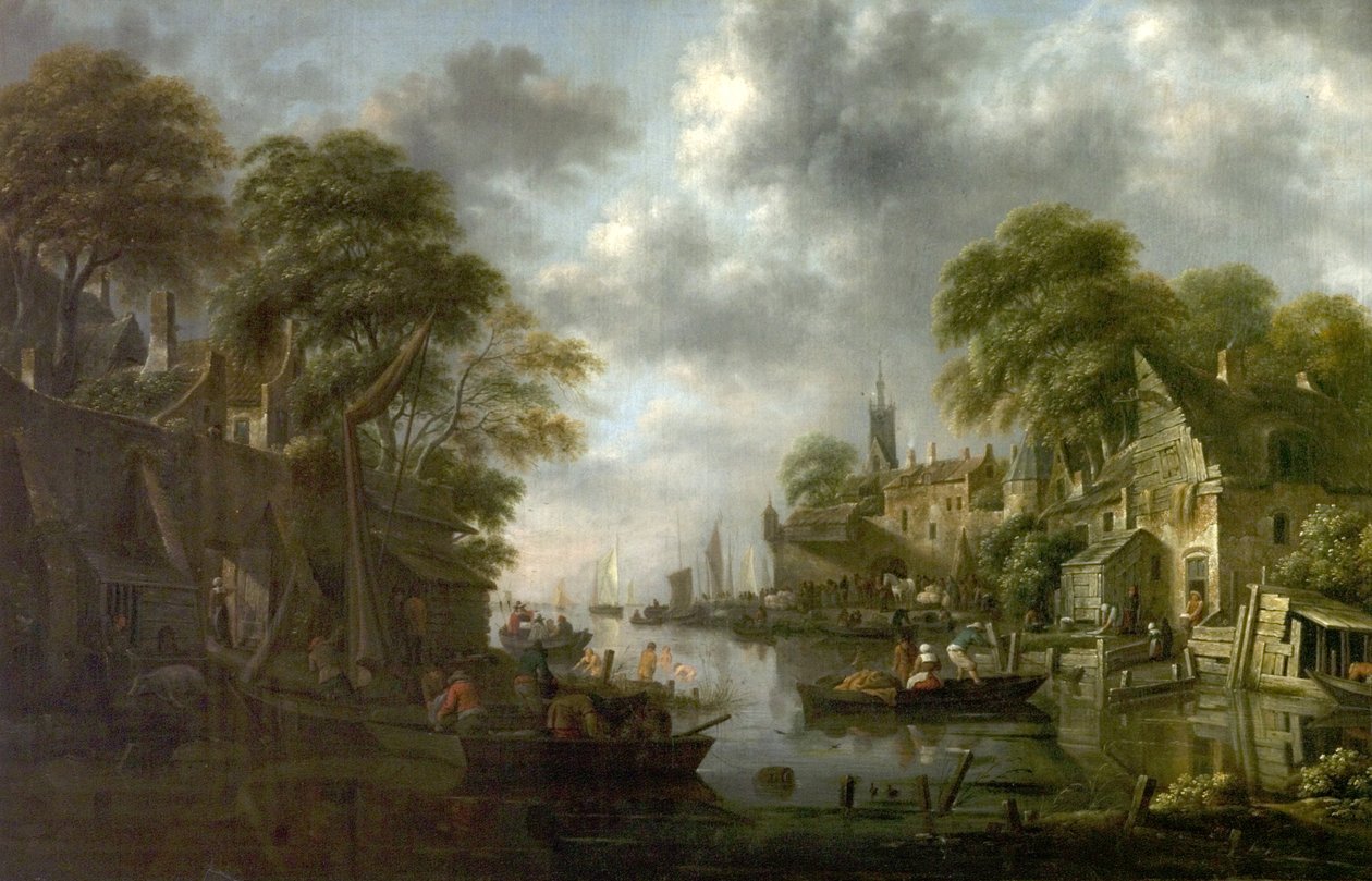 Flodscene med både og figurer, 1665 af Claes Molenaer