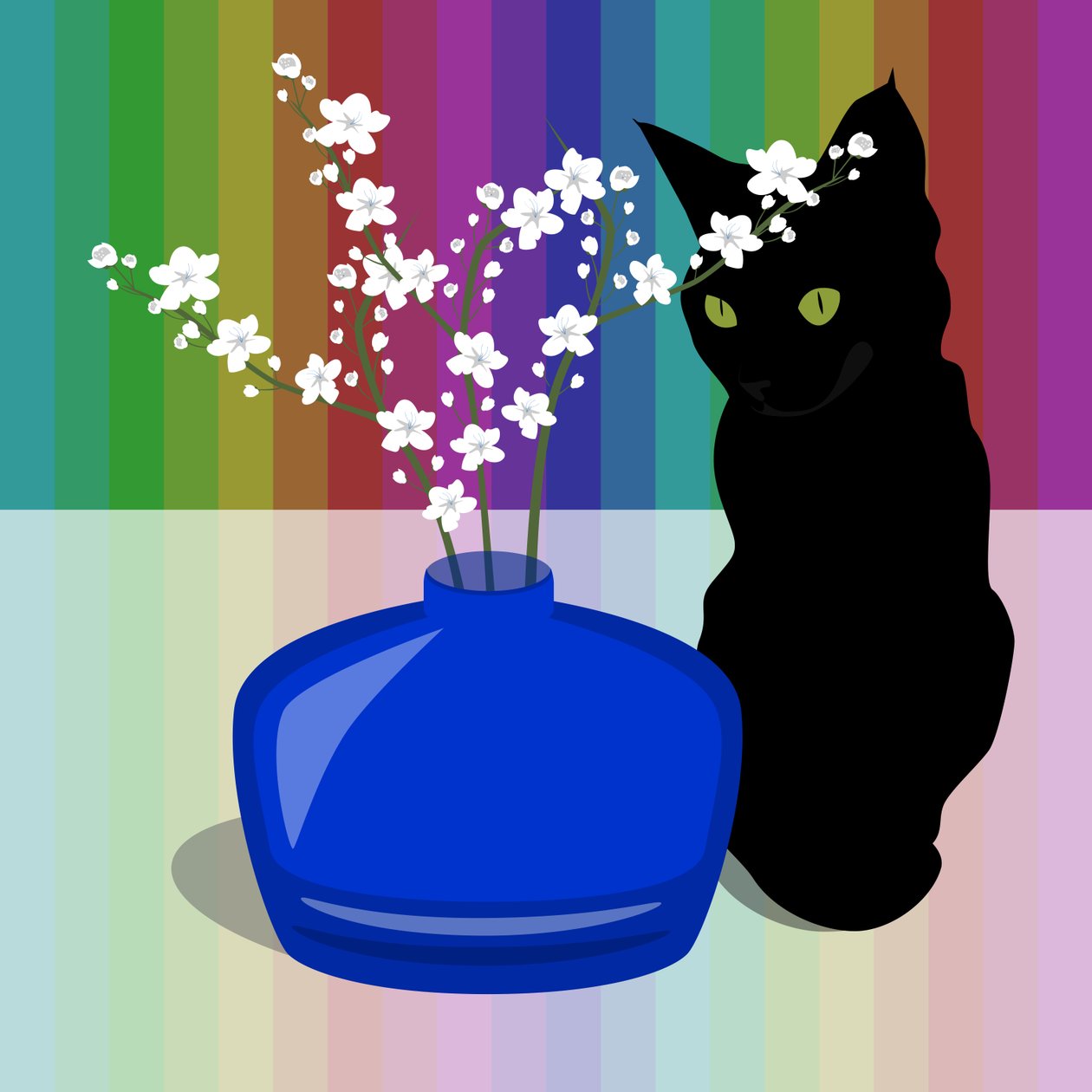 Blå glasvase med blomst og sort kat af Claire Huntley