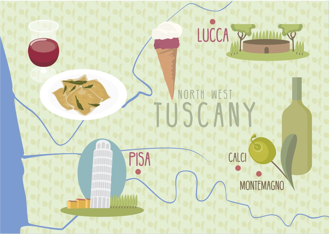 Kort over Lucca og Pisa, Toscana, Italien af Claire Huntley