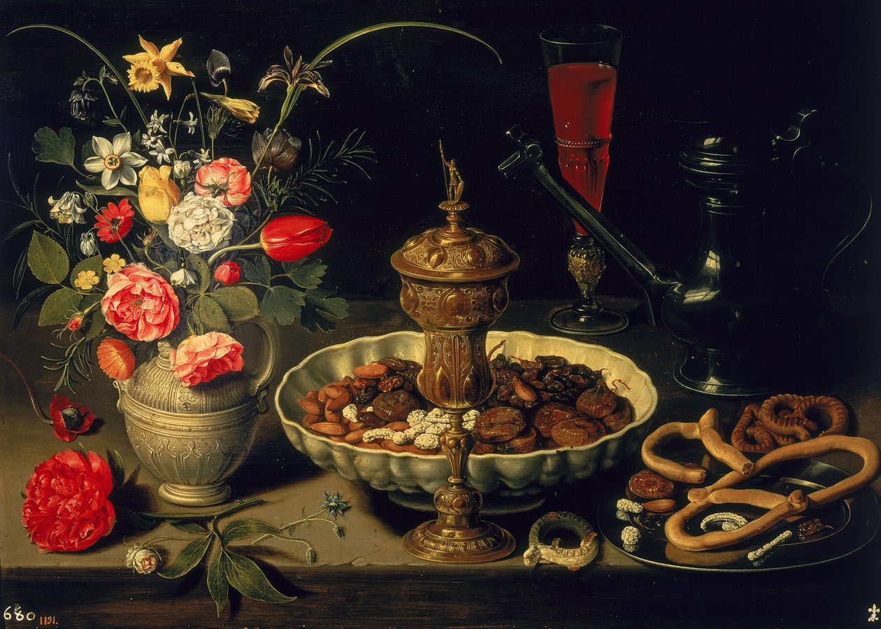 Stilleben med blomster og tørret frugt, 1611 af Charlotte Evans