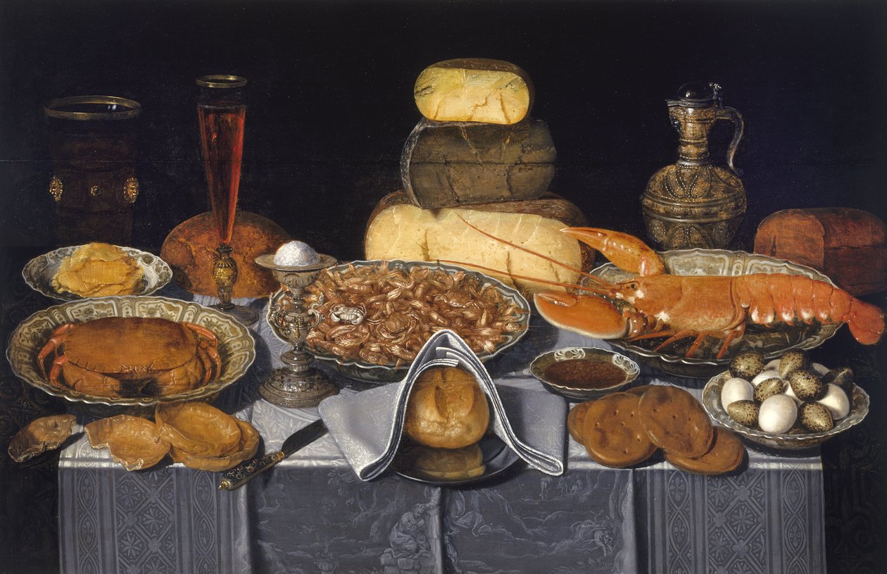 Stilleben med krabbe, rejer og hummer, ca. 1635-40 af Charlotte Evans
