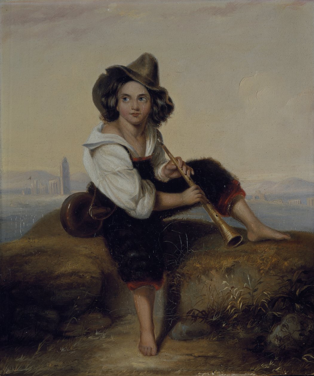 En bondedreng med en pibe, nær den flaviske akvædukt, ca. 1844 (olie på lærred) af Clara Montalba