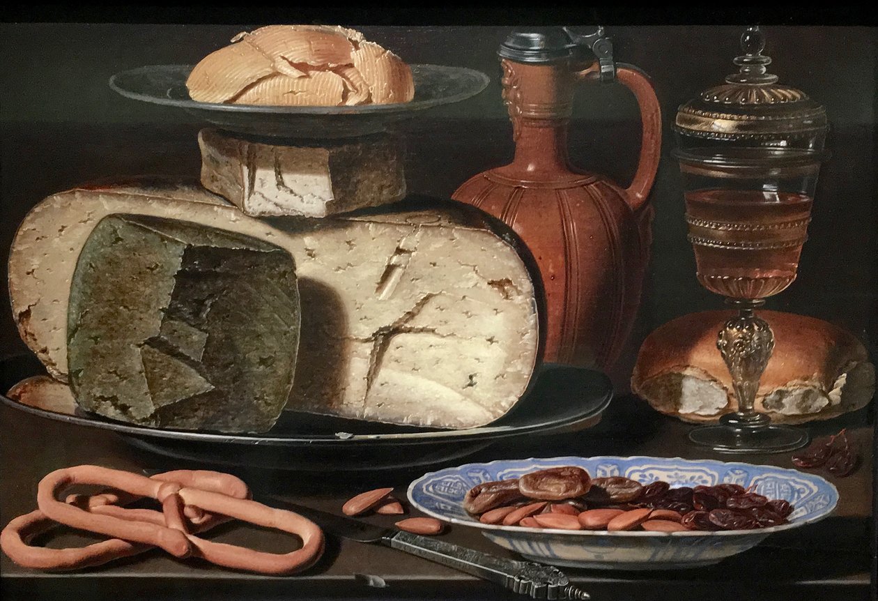 Hollandsk: Stilleben med ost, mandler og saltkringler Stilleben med ost, mandler og saltkringler af Clara Peeters