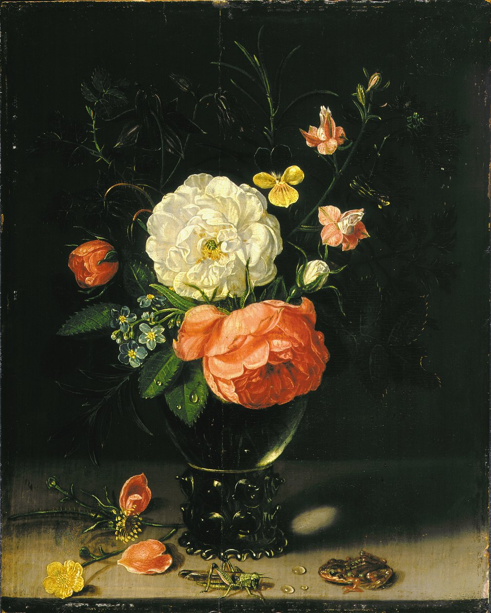 Blomster i en vase med græshoppe og frø. af Clara Peeters