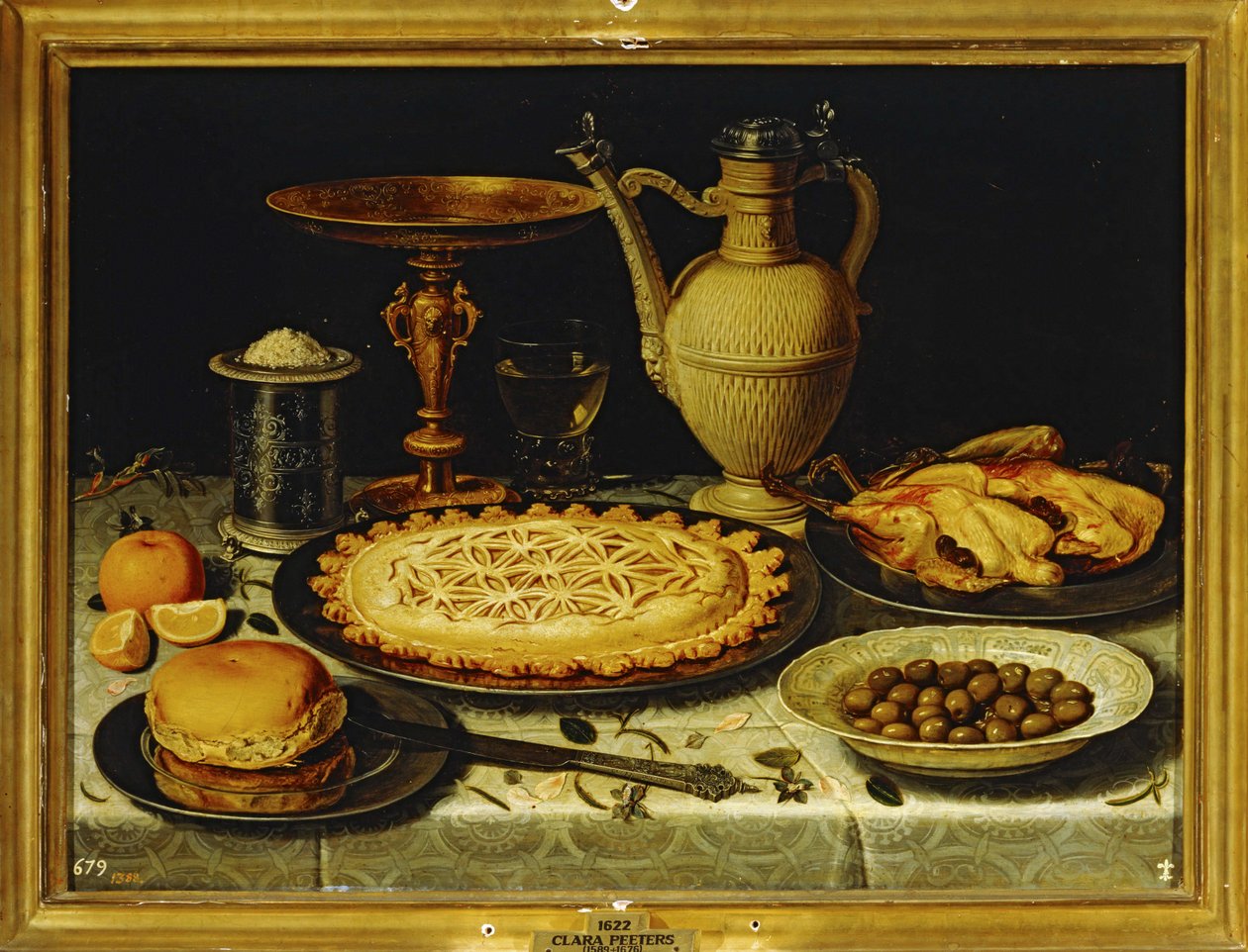 Stilleben - Måltid med stegt kylling, brød og oliven ... af Clara Peeters