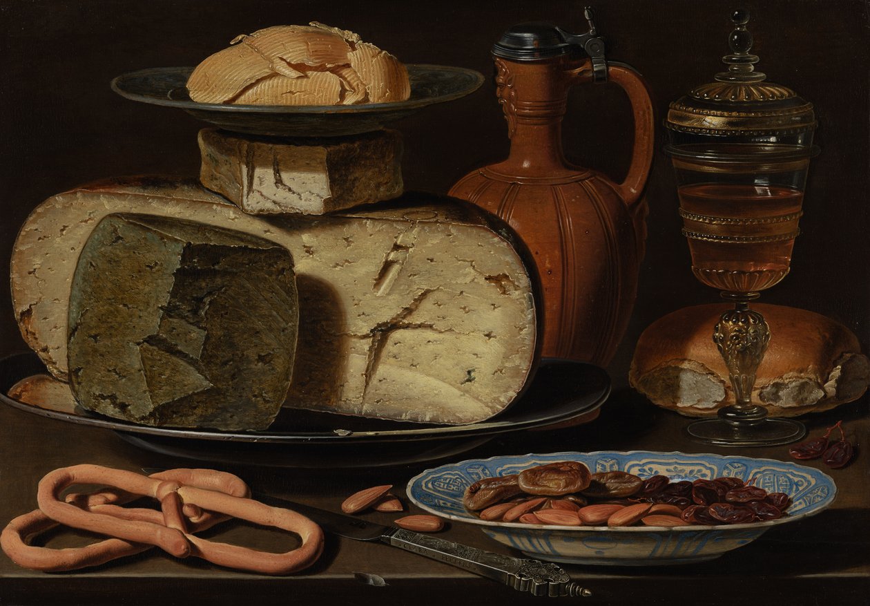 Stilleben med oste, mandler og kringler, ca. 1615 af Charlotte Evans
