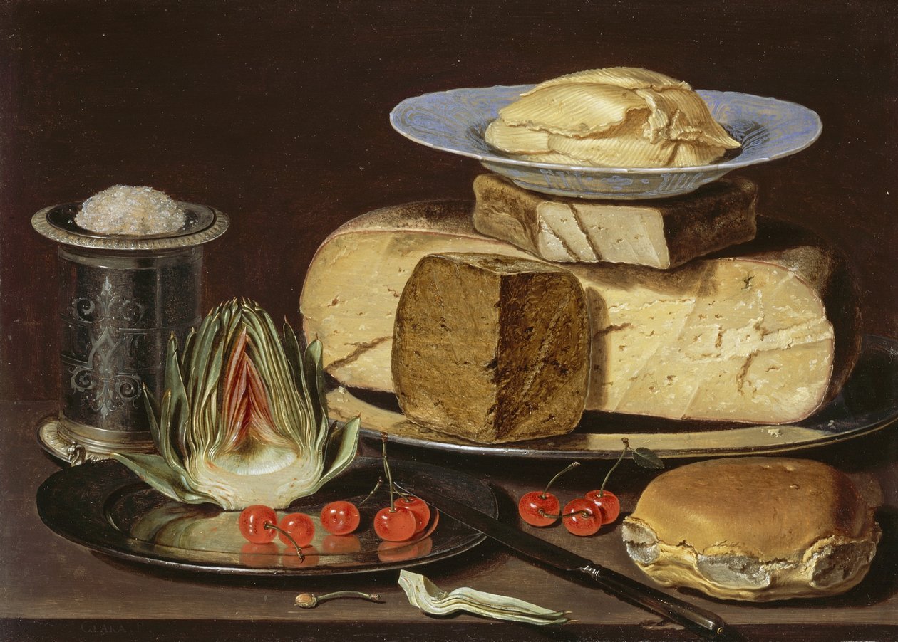 Stilleben med oste, artiskok og kirsebær, ca 1625 af Charlotte Evans