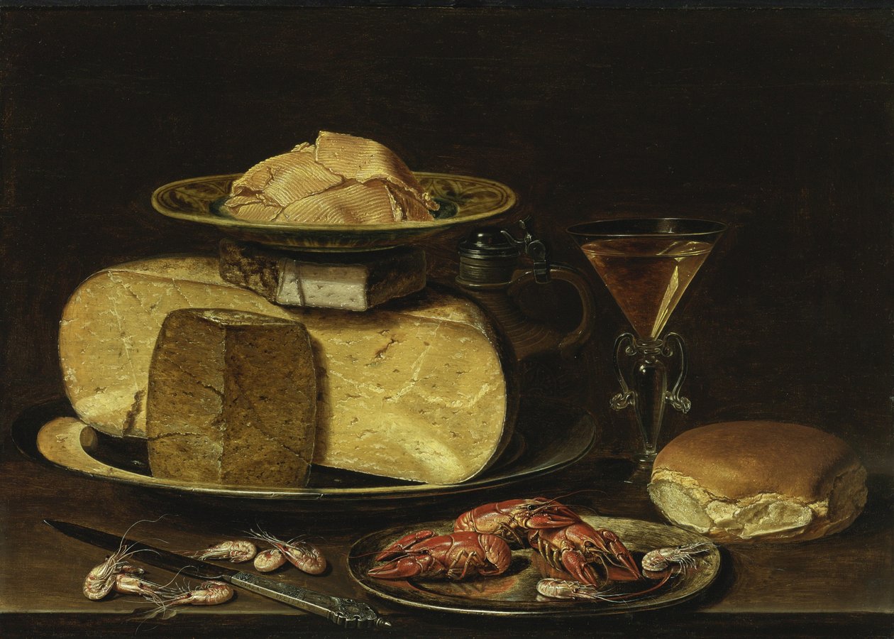 Stilleben med oste, Glas à la façon de Venise og krebs på tintallerken af Charlotte Evans