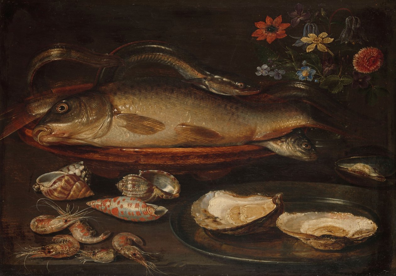 Stilleben med fisk, østers og rejer, ca. 1620-50 af Charlotte Evans