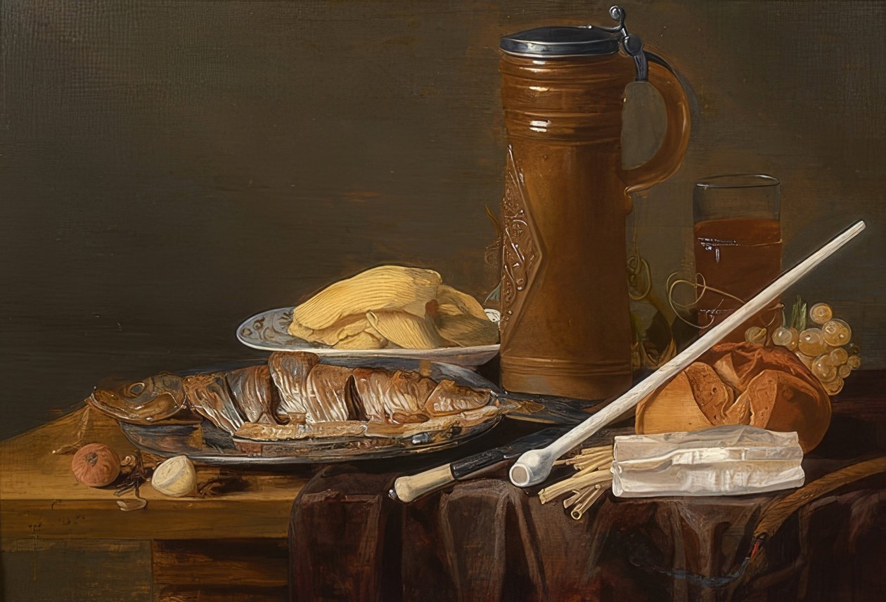 Stilleben med lerpibe. Omkring 1630 af Charlotte Evans