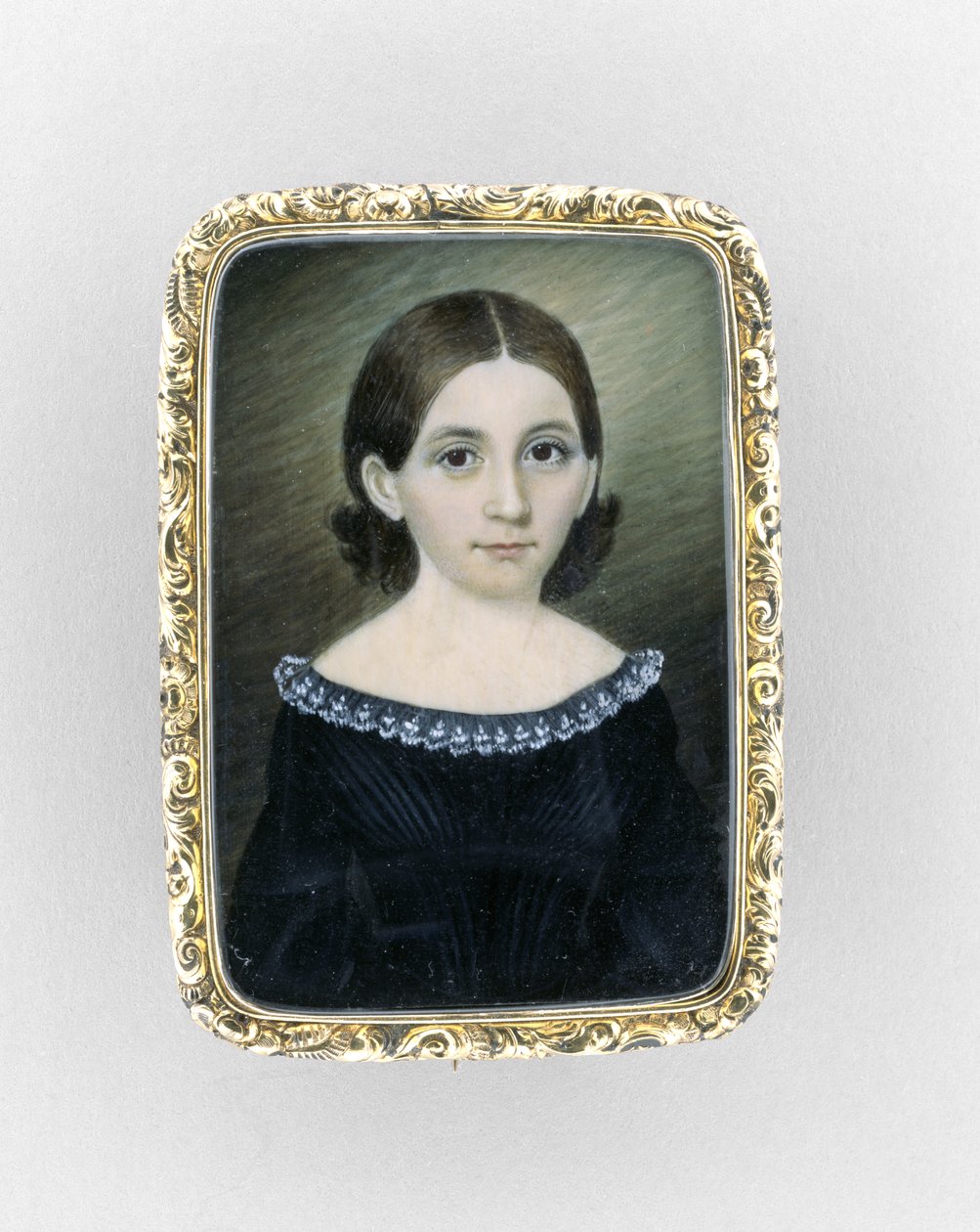 Portræt af en pige, ca. 1845 (akvarel på elfenben, forgyldt og glas) af Clarissa Peters