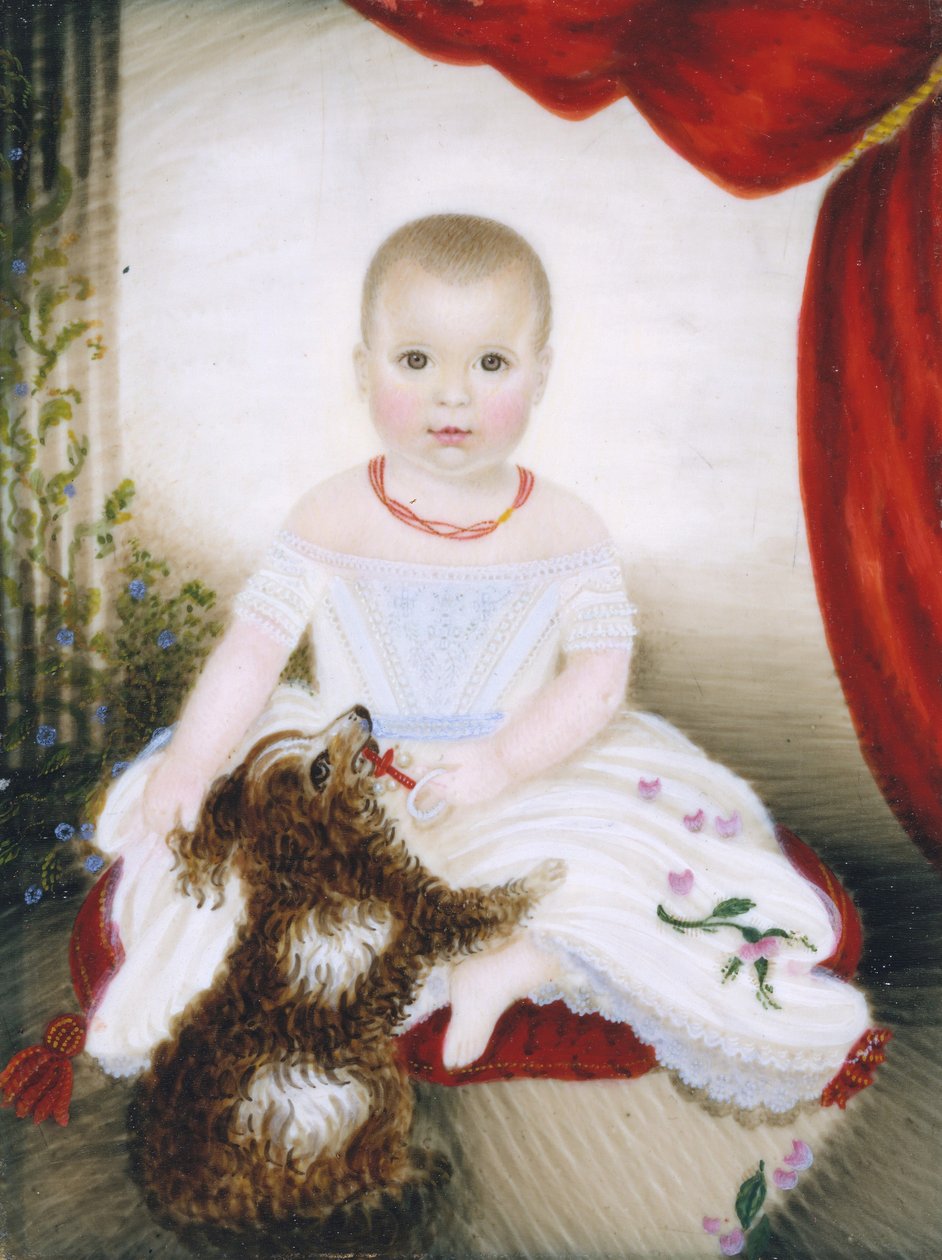 Baby med rangle og hund, 1842. af Clarissa Peters