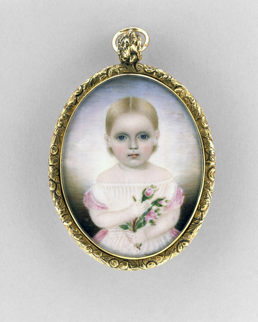 Portræt af en pige, ca. 1840 (akvarel på elfenben, forgyldt og glas) af Clarissa Peters Russell